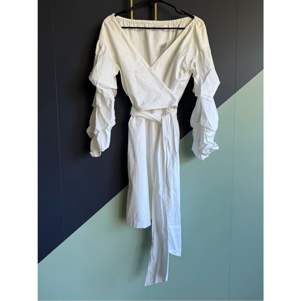 Club Monaco Rowlen Cotton Poplin Wrap Dress w/ Ruffled Sleeves, Sz 2, White